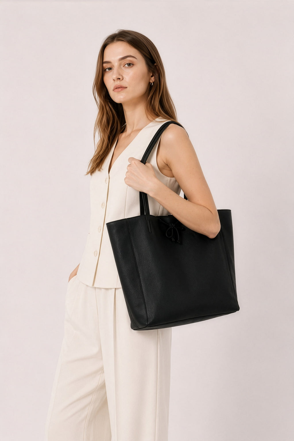 Bolso shopper de piel negro combinado con look elegante